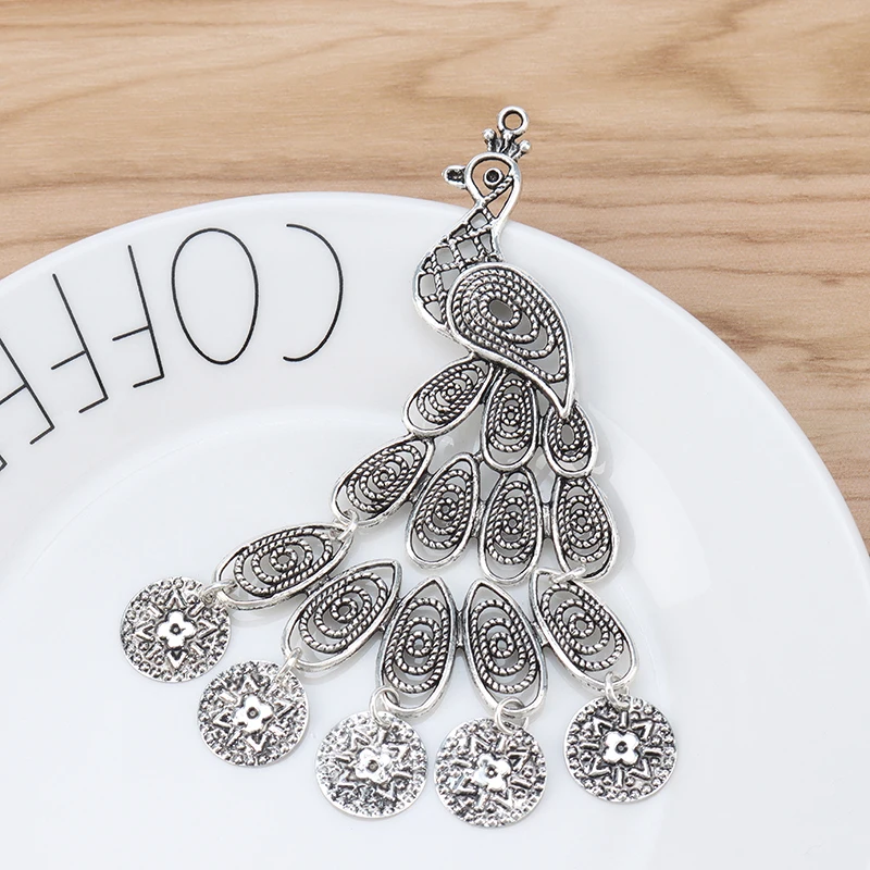 

2 Pieces Large Filigree Peacock Animal Tibetan Silver Charms Pendants for Necklace Jewellery Making Findings 105x75mm