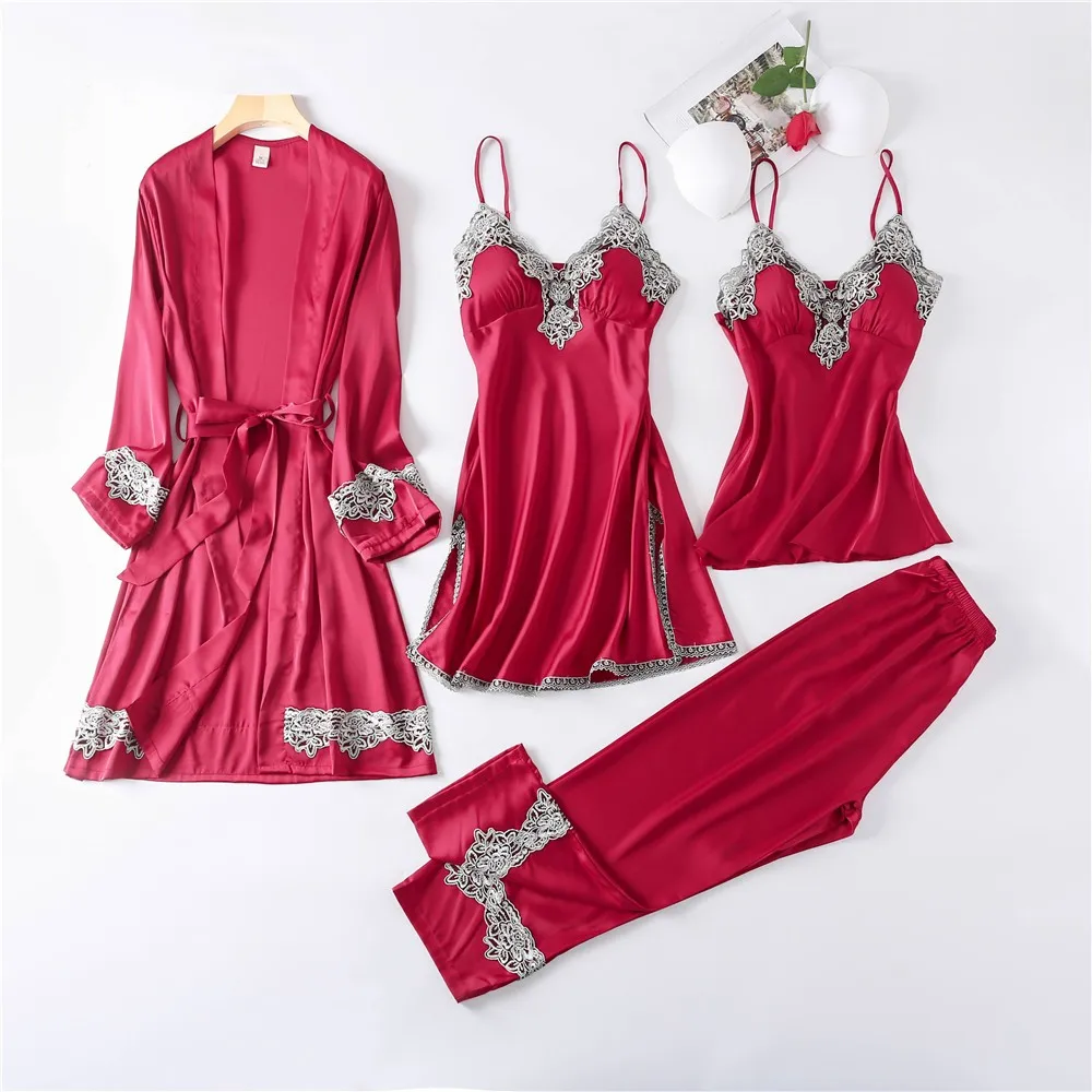 Satin Pajamas Suit Intimate Lingerie Spring Summer New Homewear Pyjama Pour Femme 4PCS Nightwear Sexy Lace Sleep Set Pijamas
Satin Pajamas Suit Intimate Lingerie Spring Summer New Homewear Pyjama Pour Femme 4PCS Nightwear Sexy Lace Sleep Set Pijamas
