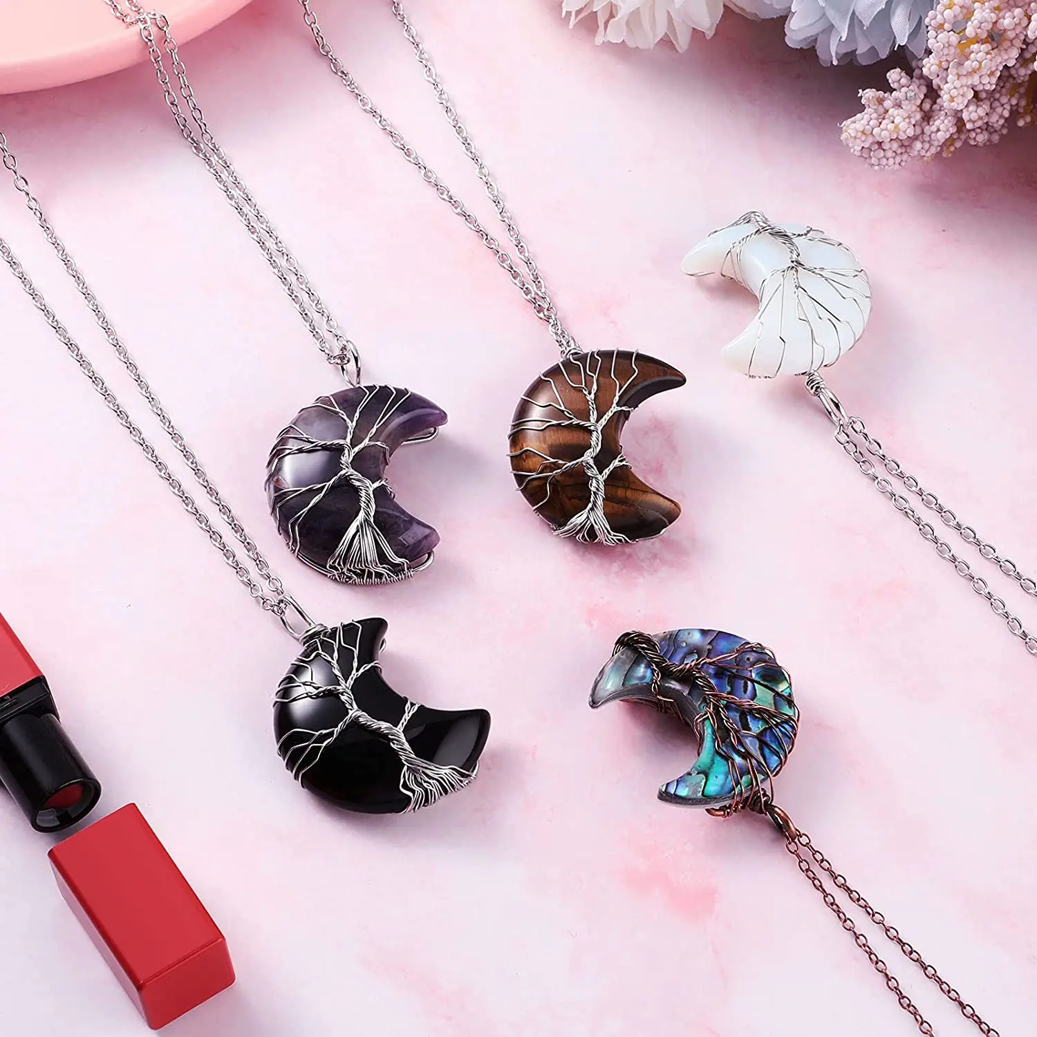 Natural Crystal Pendant Tree Of Life Moon Shape Stone Quartz Mineral Necklace Healing Gemstone Stone For Men Women Jewelry Gift
Natural Crystal Pendant Tree Of Life Moon Shape Stone Quartz Mineral Necklace Healing Gemstone Stone For Men Women Jewelry Gift