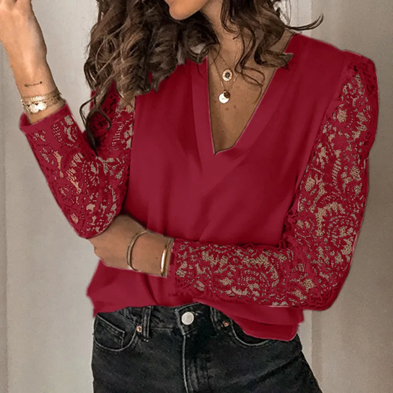 Women Chiffon Blouse Spring Summer V-neck Lace Patchwork Top Ladies Solid Hollow Out Sleeve Blouses Tops Plus Size
Women Chiffon Blouse Spring Summer V-neck Lace Patchwork Top Ladies Solid Hollow Out Sleeve Blouses Tops Plus Size