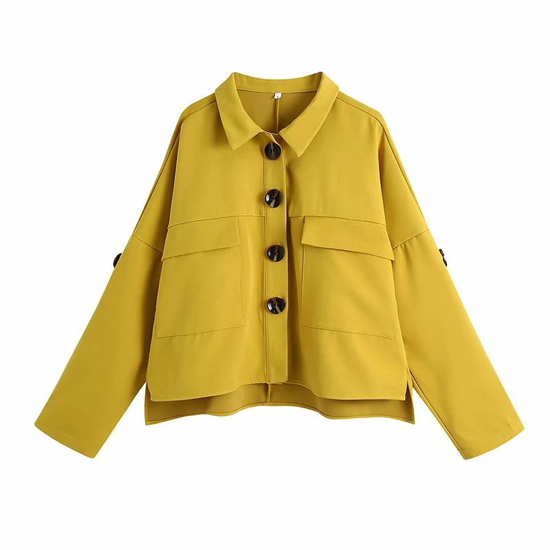 

Evfer женские модные двойные карманы Za желтая рубашка куртки больших размеров элегантная детская одежда с отложным воротником на каждый день ...