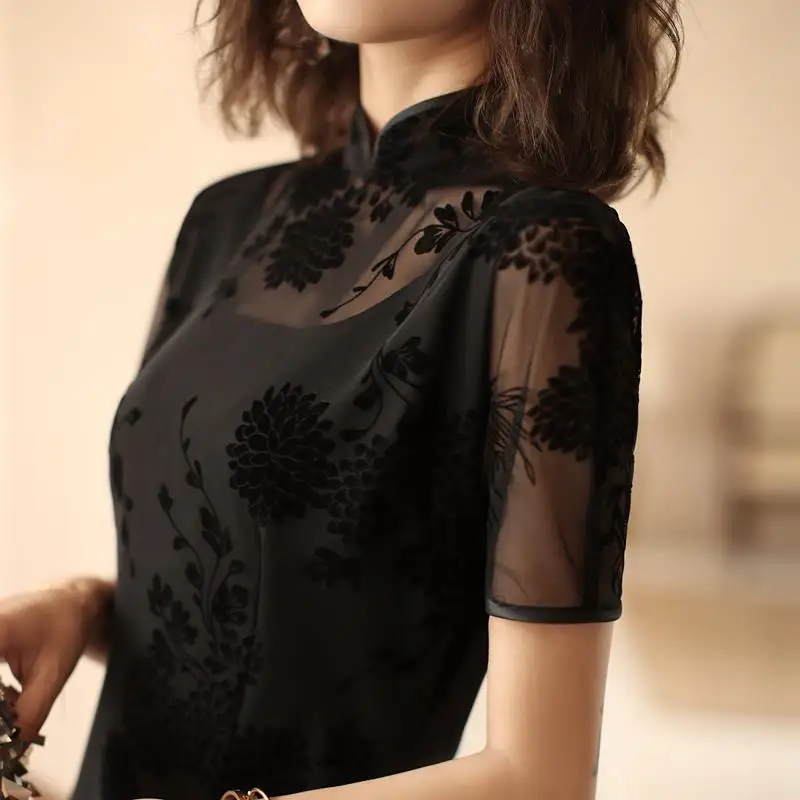 Sexy Black Lace Cheongsam Mandarin Collar Print Floral Chinese Dress Lady Slim Short Sleeve Qipao Improved Vestidos Oversize 3xl
Sexy Black Lace Cheongsam Mandarin Collar Print Floral Chinese Dress Lady Slim Short Sleeve Qipao Improved Vestidos Oversize 3xl