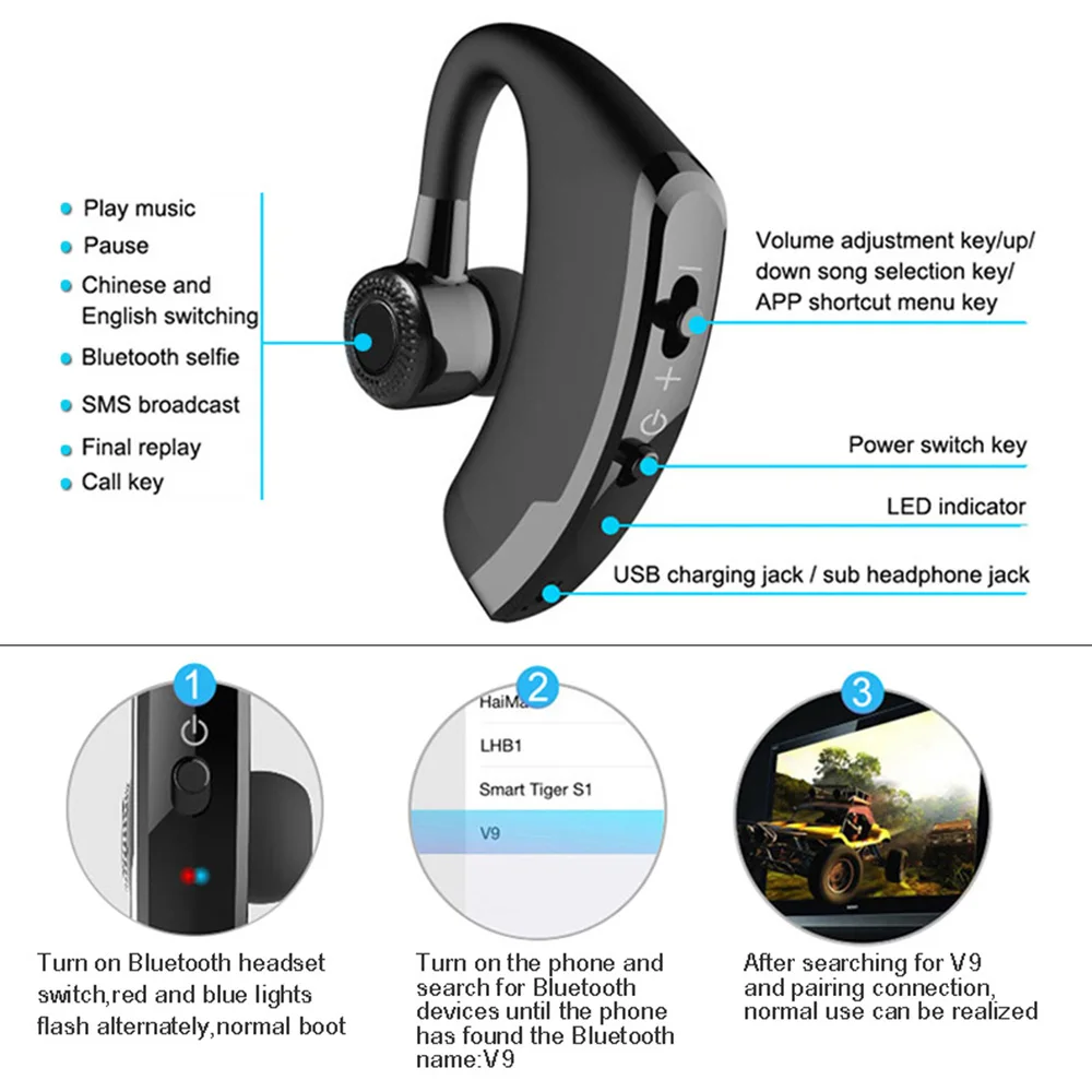 V9 Handsfree Wireless Bluetooth Earphones Voice Control Business Headset with Mic for Driver Noise Cancelling | Электроника