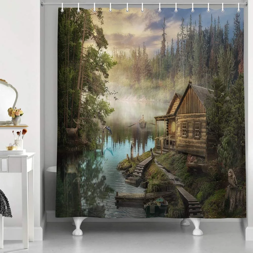 Natural Scenery Lake House Shower Curtain Sets, Wooden Cabin Pine Tree in Magic Forest, Waterproof Fabric Bath Curtain Decor
Natural Scenery Lake House Shower Curtain Sets, Wooden Cabin Pine Tree in Magic Forest, Waterproof Fabric Bath Curtain Decor