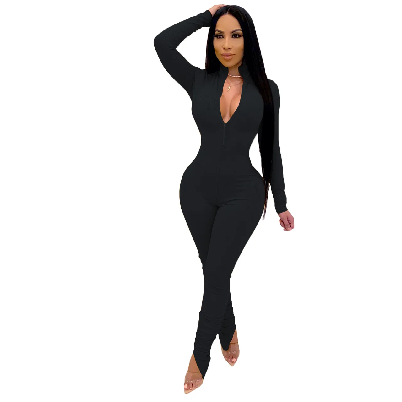 Sexy Front Zipper Long Sleeve Jumpsuit Spring Women Solid Color Skinny Push Up Stacked Jumpsuit Black Fitness One Piece Romper
Sexy Front Zipper Long Sleeve Jumpsuit Spring Women Solid Color Skinny Push Up Stacked Jumpsuit Black Fitness One Piece Romper