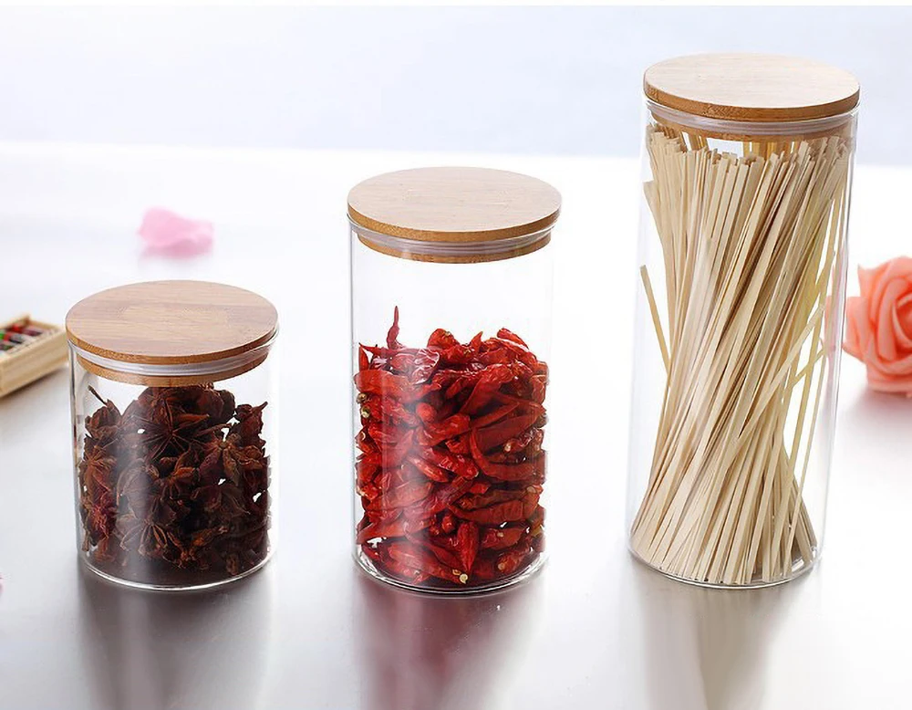 Storage Jars With Bamboo Lids Silicon Ring Air Tight Glass Kitchen New 
Storage Jars With Bamboo Lids Silicon Ring Air Tight Glass Kitchen New