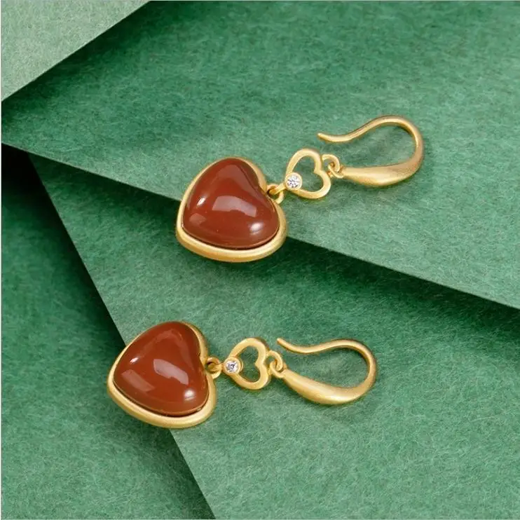 Silver Gold Inlaid South Red Heart-Shaped Earrings Women's Natural Agate Stone Heart Trendy Earrings Red Heart Gold Ear Hook
Silver Gold Inlaid South Red Heart-Shaped Earrings Women's Natural Agate Stone Heart Trendy Earrings Red Heart Gold Ear Hook