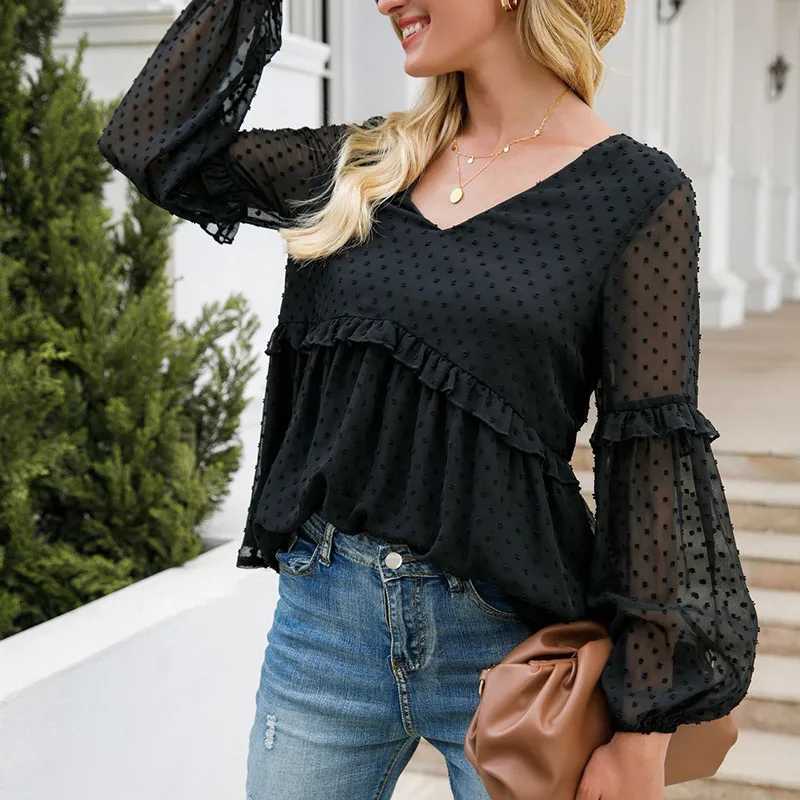 Transperant V-neck Polka Dot Lady Shirts Blouse Ruffle Patchwork Casual Loose Women Blouses For Lady Summer Cloth New 2021 Trend
Transperant V-neck Polka Dot Lady Shirts Blouse Ruffle Patchwork Casual Loose Women Blouses For Lady Summer Cloth New 2021 Trend