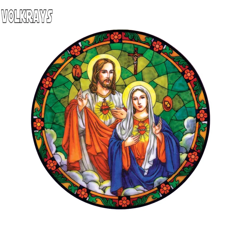 

Аксессуары Volkrays креативные автомобильные стикеры 13 см * 13 см, священные Сердца Иисуса и Марии, отражающая ПВХ наклейка для мотоцикла, 12 см * 12 см