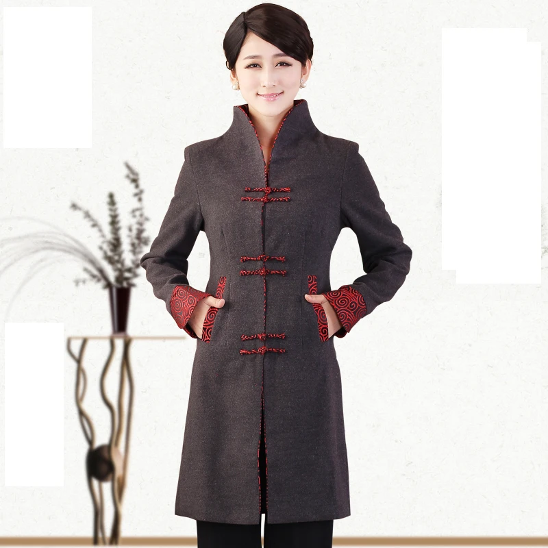 

High Quality Gray Thick Cashmere Chinese Tradition Women's Long Jacket Solid Slim Coat Lengthen Outerwear Dust Coat S-3XL