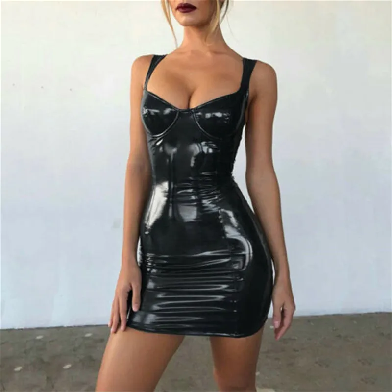 Women Latex Faux Leather Bodycon Mini Dress SM Queen Leather Dress Summer Soild Sleeveless Strap Sexy Club Dress
Women Latex Faux Leather Bodycon Mini Dress SM Queen Leather Dress Summer Soild Sleeveless Strap Sexy Club Dress