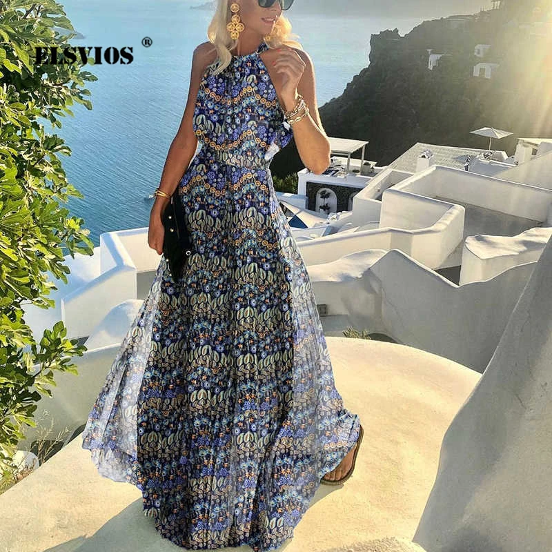 Fashion Women Sexy O Neck Halter Print Summer Dress Casual Bohemia Sleeveless Beach Holiday Long Dresses Elegant Slim Vestidos 
Fashion Women Sexy O Neck Halter Print Summer Dress Casual Bohemia Sleeveless Beach Holiday Long Dresses Elegant Slim Vestidos