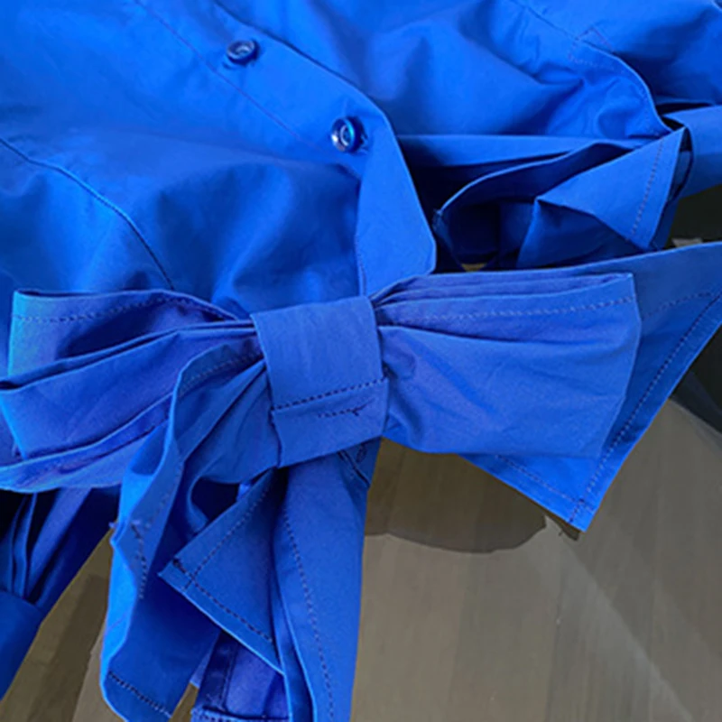 VGH Casual Blue Shirts For Women Lapel Short Sleeve Patchwork Bowknot Korean Slim Blouses Female New 2021 Summer Fashion Clothes
VGH Casual Blue Shirts For Women Lapel Short Sleeve Patchwork Bowknot Korean Slim Blouses Female New 2021 Summer Fashion Clothes