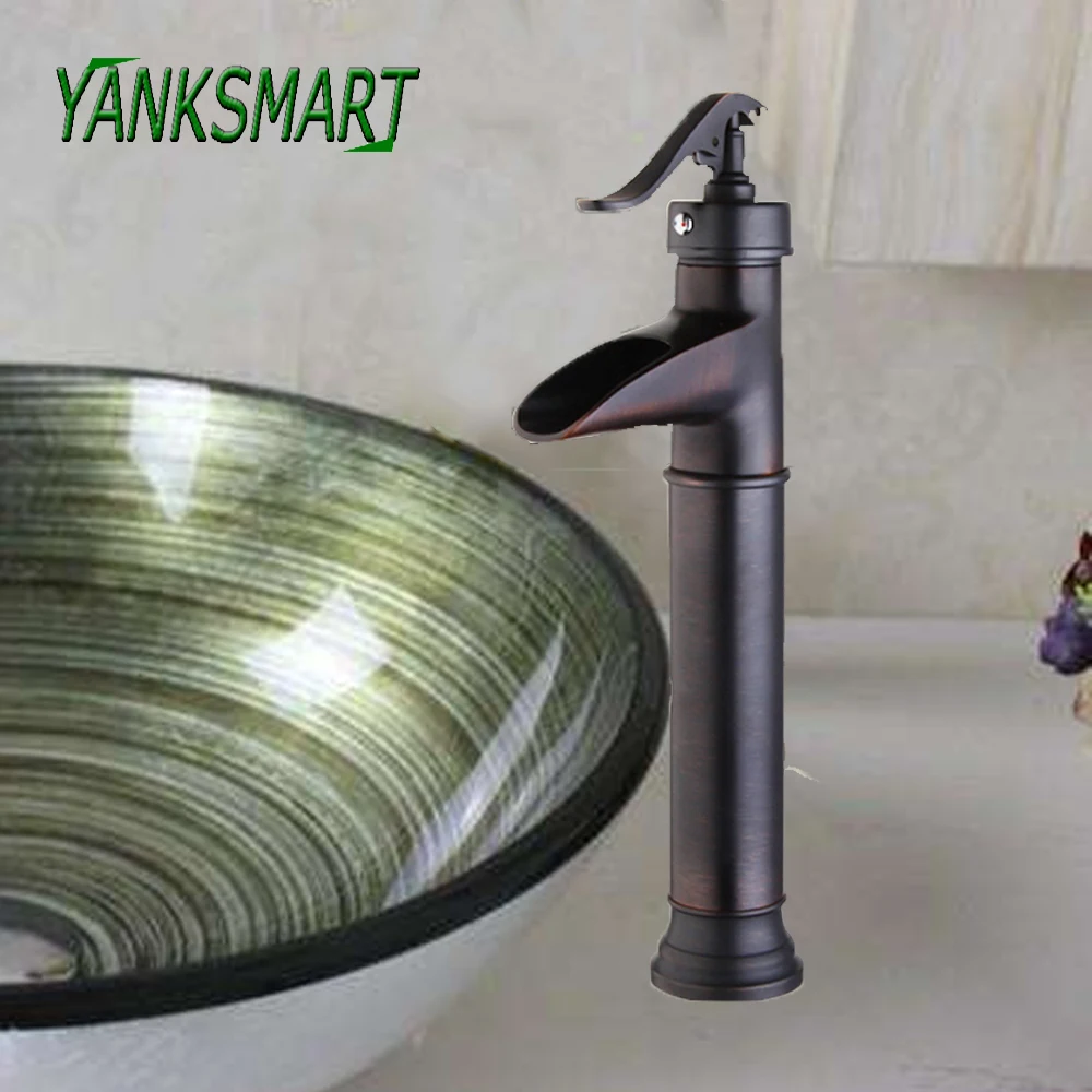 

YANKSMART Oil Rubbed Bronze Waterfall Faucet Bathroom Basin Sink Black Faucets Mixer Deck Mounted Cold & Hot Water Tap