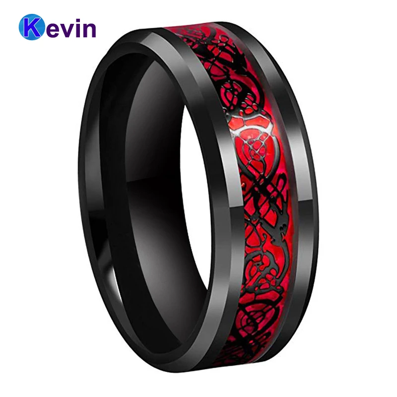 Фото Черное мужское обручальное кольцо с драконом из карбида вольфрама красным(China)