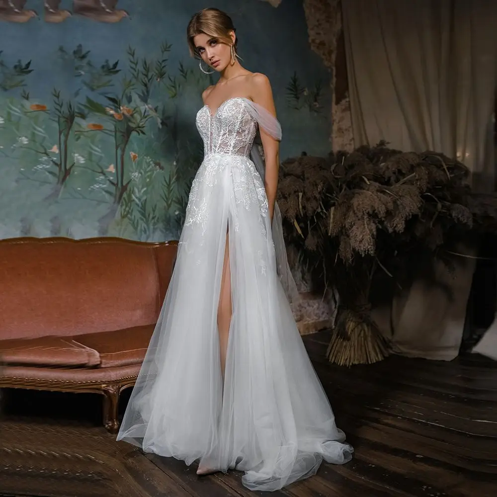 Wedding Dress Sweetheart Aplliques Lace Off The Shoulder A-Line Side Split White Bride Gown
Wedding Dress Sweetheart Aplliques Lace Off The Shoulder A-Line Side Split White Bride Gown