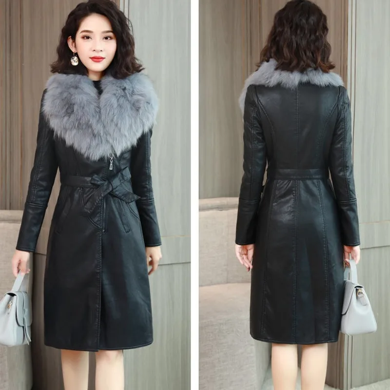Vangull Women's Leather Jacket For Winter 2019 New Plus Velvet Warm Slim Big Fur Collar Long Leather Coat Female Outerwear M-4XL 
Vangull Women's Leather Jacket For Winter 2019 New Plus Velvet Warm Slim Big Fur Collar Long Leather Coat Female Outerwear M-4XL