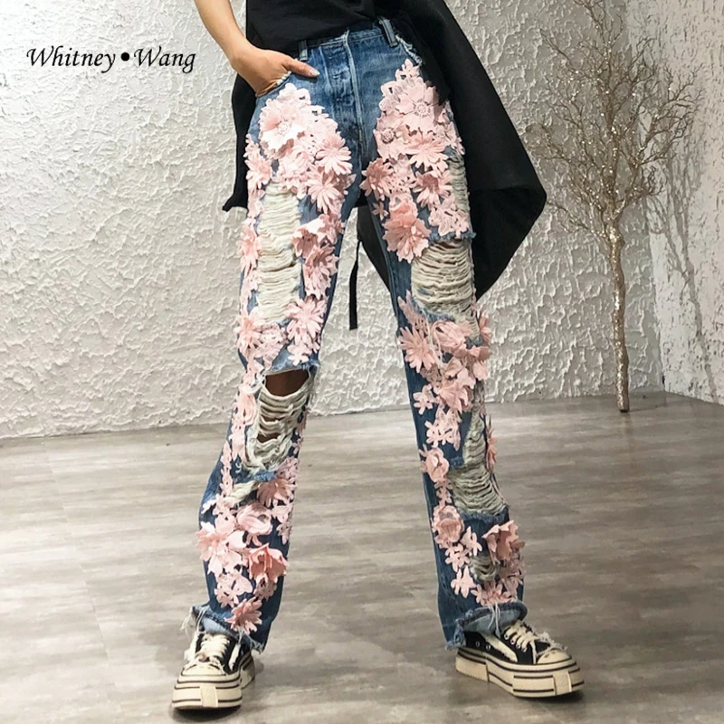 Женские джинсы с цветочной вышивкой WHITNEY WANG модные дизайнерские 3D кружевом в