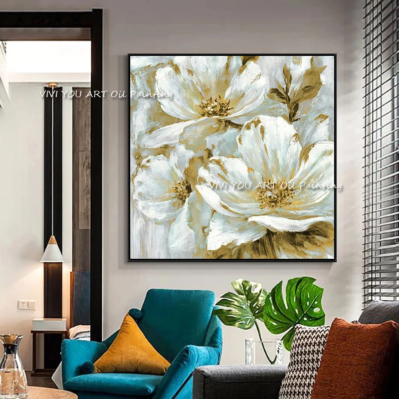 Лучшая белая Золотая фольга, растение, ручная роспись, абстрактное искусство, масляная живопись на холсте, картины для домашнего декора, искусство, большой цветок 
Лучшая белая Золотая фольга, растение, ручная роспись, абстрактное искусство, масляная живопись на холсте, картины для домашнего декора, искусство, большой цветок