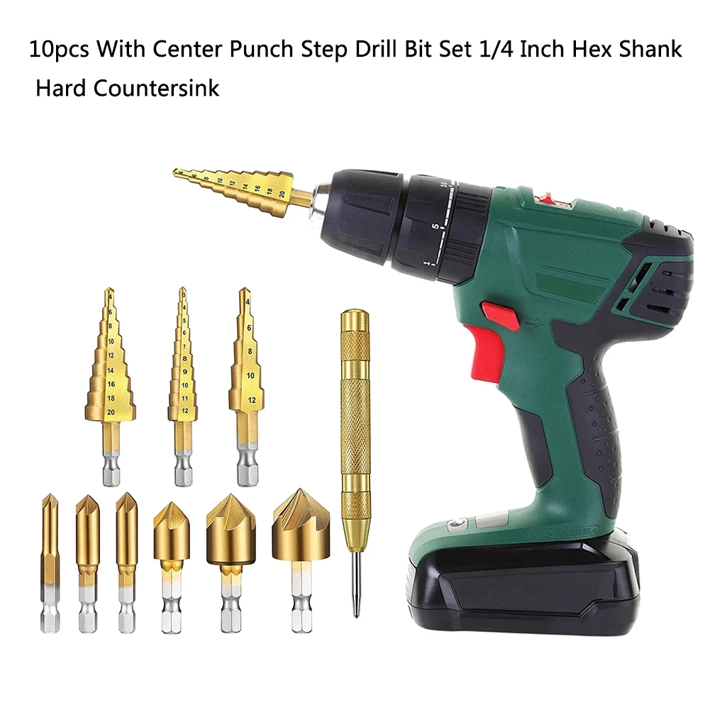 10pcs Industry 5 Flute DIY With Center Punch Countersink Woodworking Tool Professional 1/4 Inch Hex Shank Step Drill Bit Set
10pcs Industry 5 Flute DIY With Center Punch Countersink Woodworking Tool Professional 1/4 Inch Hex Shank Step Drill Bit Set