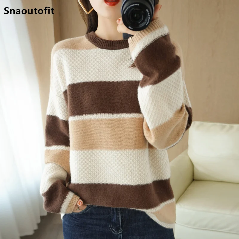 2021 Autumn and Winter New Pure Wool Sweater Women's Round Neck Pullover Sweater Classic Striped Loose Lazy Knit Bottoming Shirt
2021 Autumn and Winter New Pure Wool Sweater Women's Round Neck Pullover Sweater Classic Striped Loose Lazy Knit Bottoming Shirt