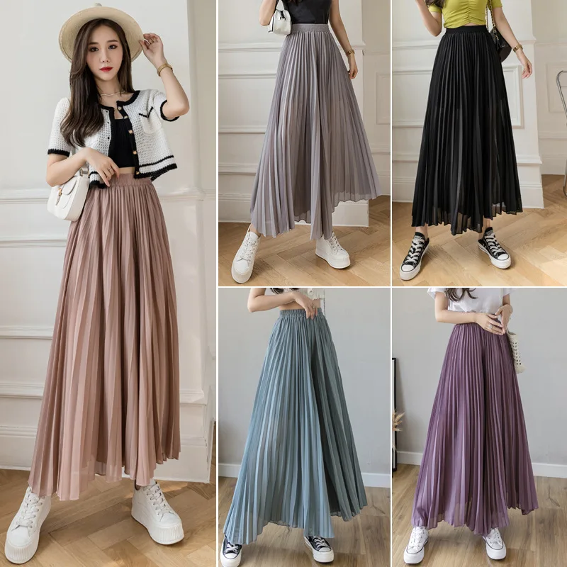 

Stylish Pleated Skirt Pants Waist Elastic Pleated Comfy Chiffon Wide Leg Capri Pants For Women Girls A66