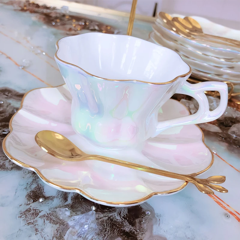 

Luxury Pearlescent Ceramic Coffee Cup Set Glare Porcelain British Afternoon Tea Teapot Teacup Saucer Spoon Sets Home Drinkware
