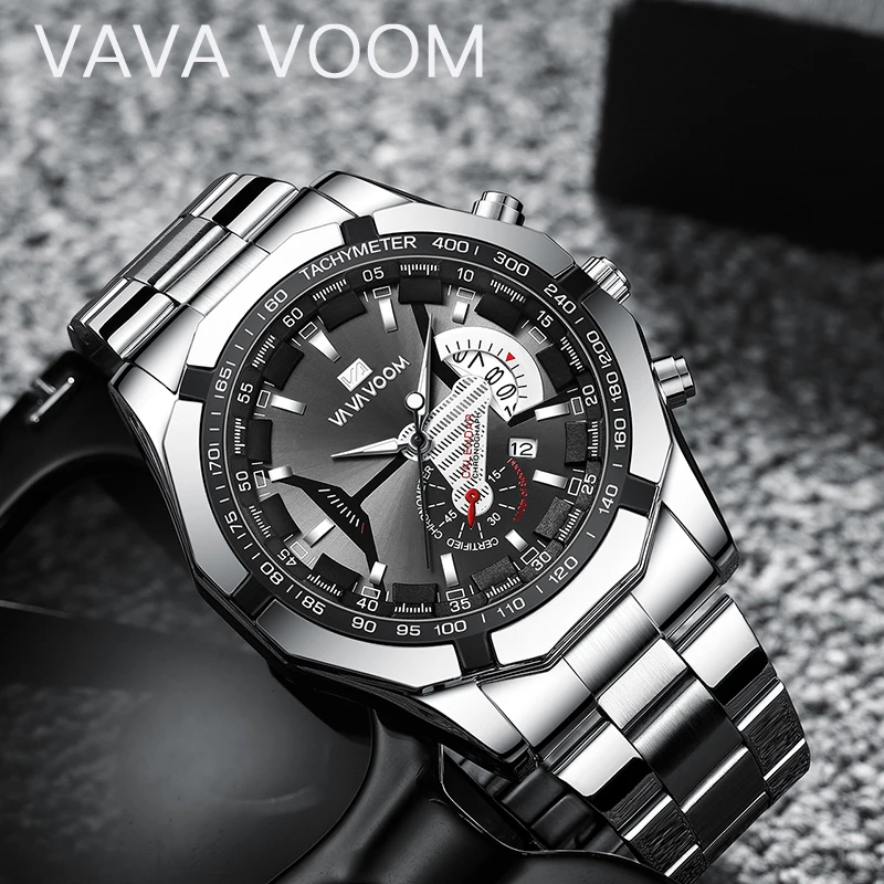 

VAVA VOOM New Men's Sports Watch Fashion Watch Stainless Steel Strap Case Calendar Waterproof Quartz Watch Men Relogio Masculino