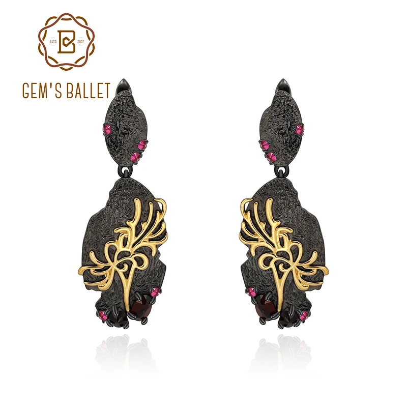 

GEM'S BALLET Natural Black Garnet Woman’s Art Jewelry 925 Sterling Silver Handmade Equinox Flower Statement Drop Earrings