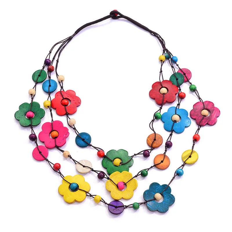 

Shineland Bohemian Multilayer Choker Flower Maxi Necklace for Women Wood Beads Tassel Pendant Statement Collar Rope Chain Bijoux