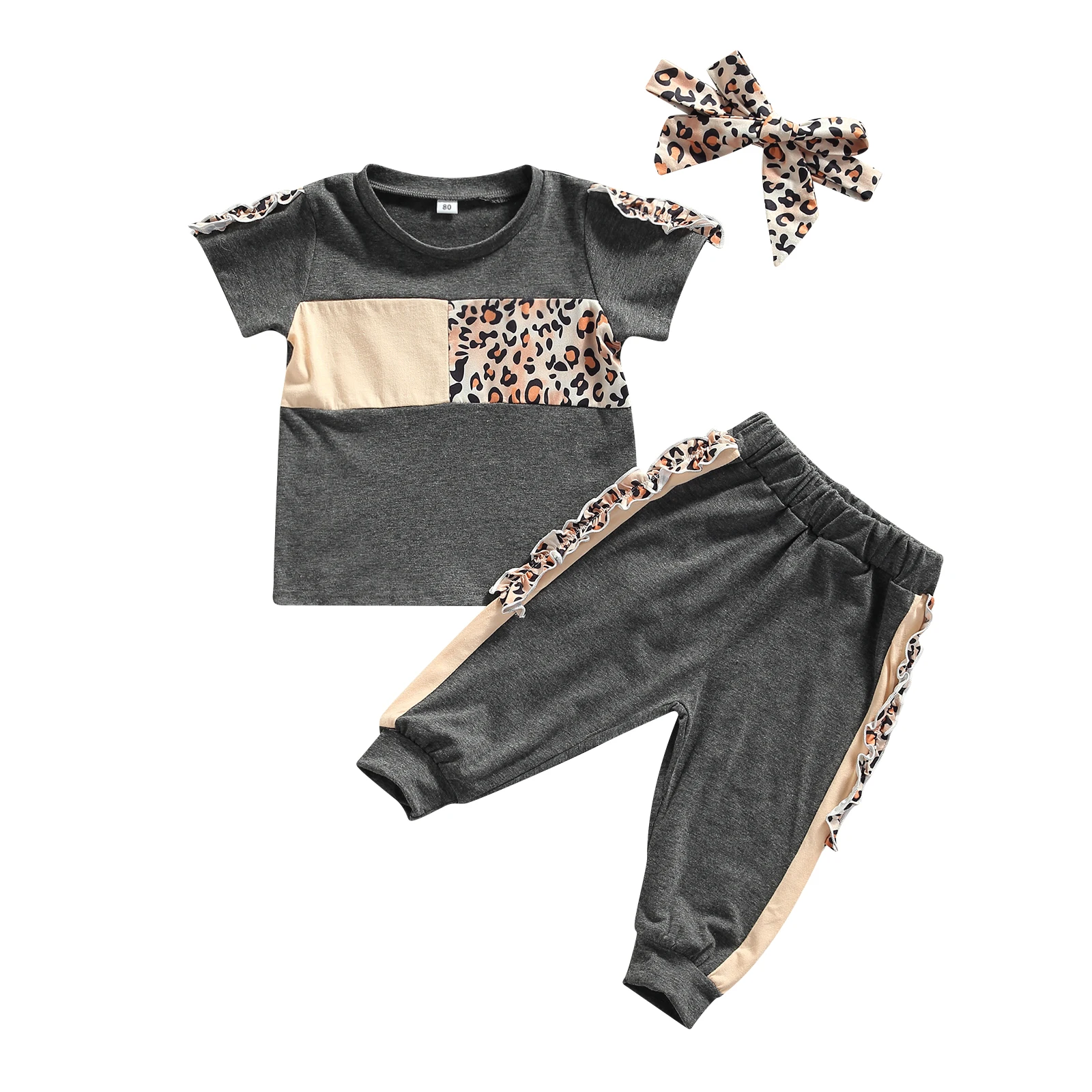 3 Pieces Kids Suit Set, Girls Leopard Print Round Neck Short Sleeve Tops+ Trousers+ Headband for Toddler, 9 Months-4 Years
3 Pieces Kids Suit Set, Girls Leopard Print Round Neck Short Sleeve Tops+ Trousers+ Headband for Toddler, 9 Months-4 Years