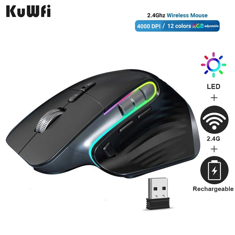 

Беспроводная мышь KuWFi 2,4G, перезаряжаемая оптическая игровая мышь с поддержкой 5 передач, переключатель 4000 DPI, эргономичная Бесшумная мышь дл...