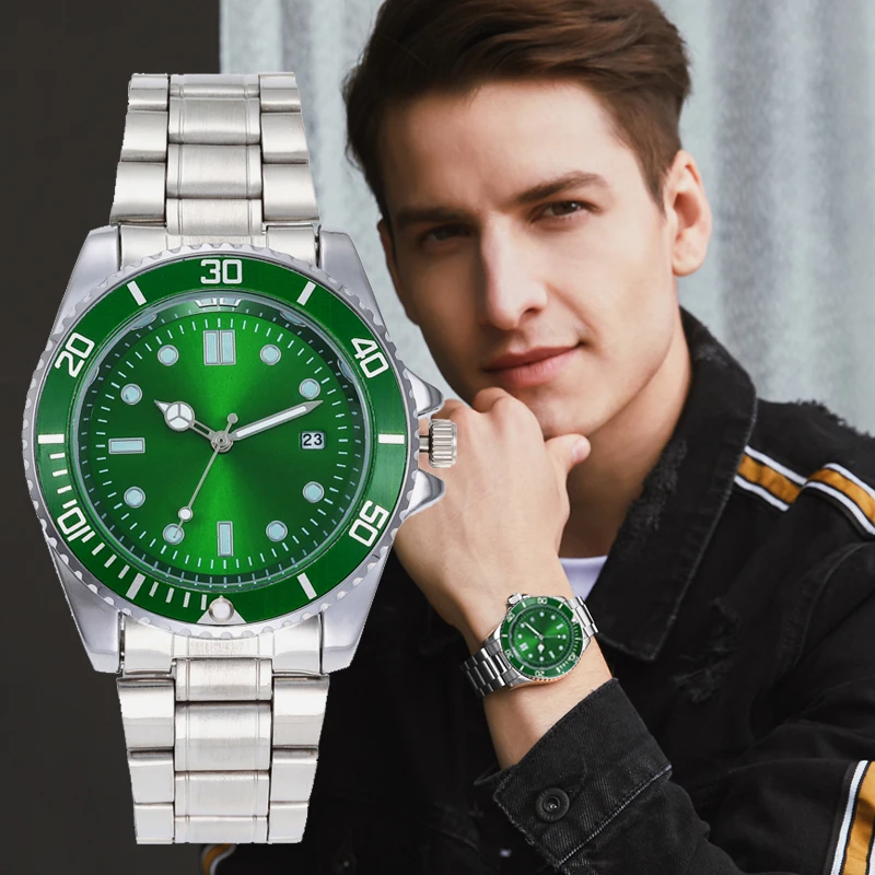 Часы наручные мужские кварцевые с зеленым циферблатом без логотипа | Наручные