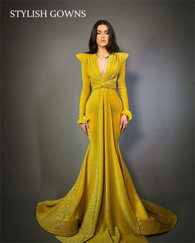 Elegant Gold V Neck Evening Dresses Pleats Party Gown Long Sleeve Mermaid Prom Dress Vestidos De Fiesta De Noche Largos
Elegant Gold V Neck Evening Dresses Pleats Party Gown Long Sleeve Mermaid Prom Dress Vestidos De Fiesta De Noche Largos