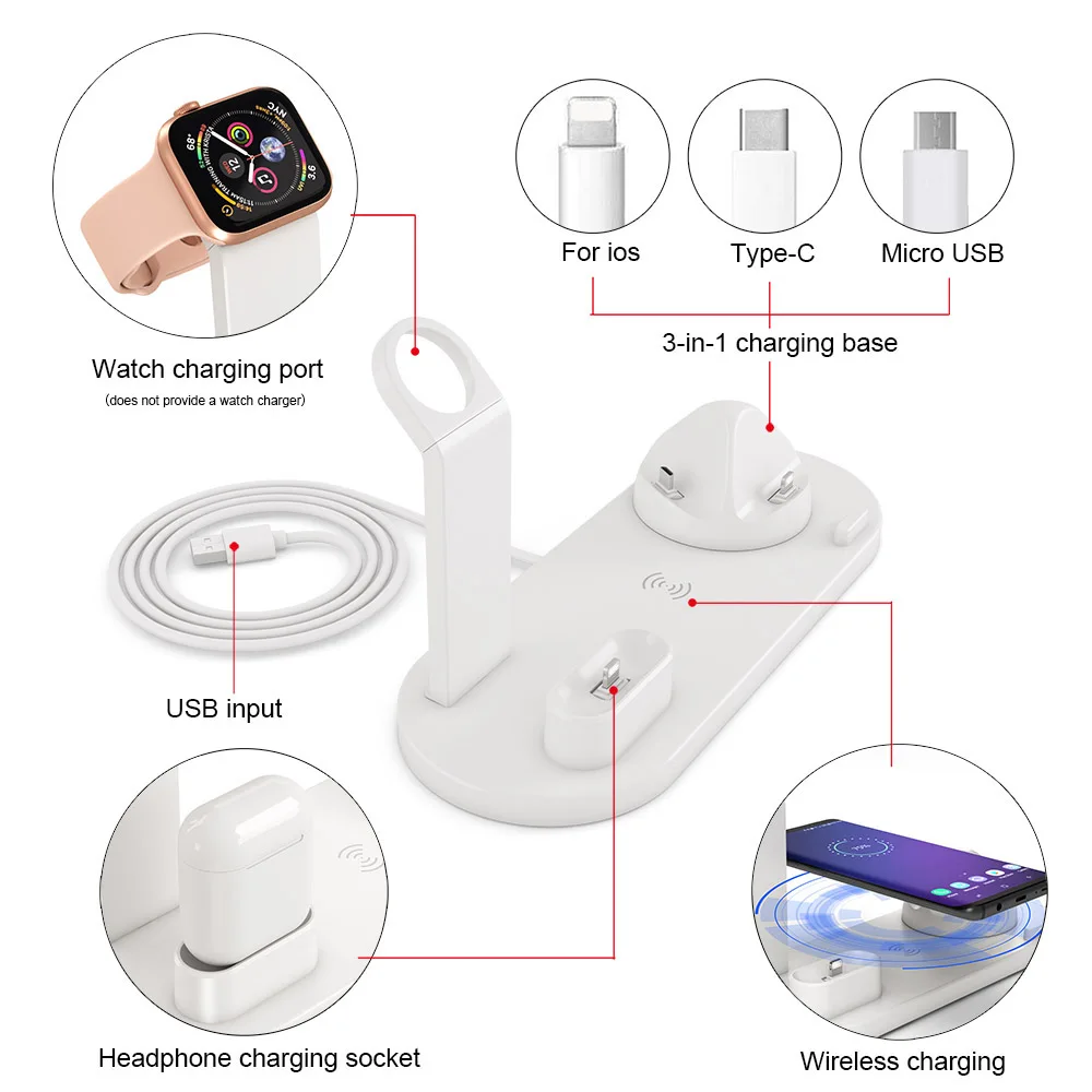 15W Qi Wireless Charger 4 in 1 Charging Stand For iWatch Airpods Pro Station Samsung Galaxy iPhone Fast | Мобильные телефоны и