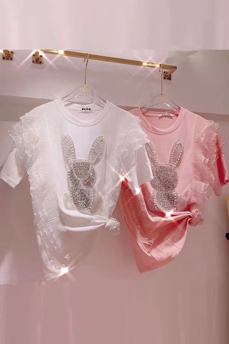 Summer 2021 New Fashion Sweet Ruffled Short-Sleeved T-shirt Beads Diamonds Patchwork Loose Top All-match Tee for Women
Summer 2021 New Fashion Sweet Ruffled Short-Sleeved T-shirt Beads Diamonds Patchwork Loose Top All-match Tee for Women