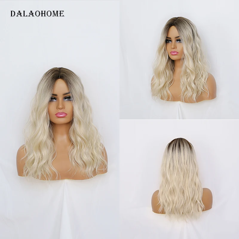 

Dalaohome Long Wavy Blonde Natural Woman Wig Synthetic Straight Water Wave Wigs Lolita Heat Resistant Fiber Daily Woman Hairs
