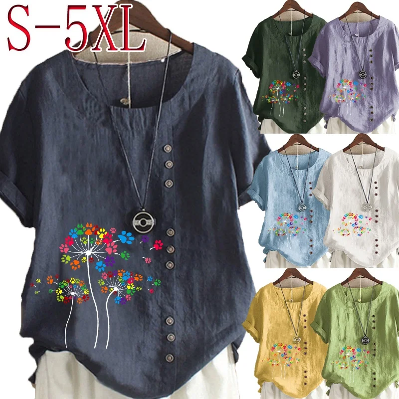 

Women's New Fashion O-neck Paw Dandelion Printed Short Sleeve Tops Loose Linen T-Shirt Casual Blouse S-5XL
