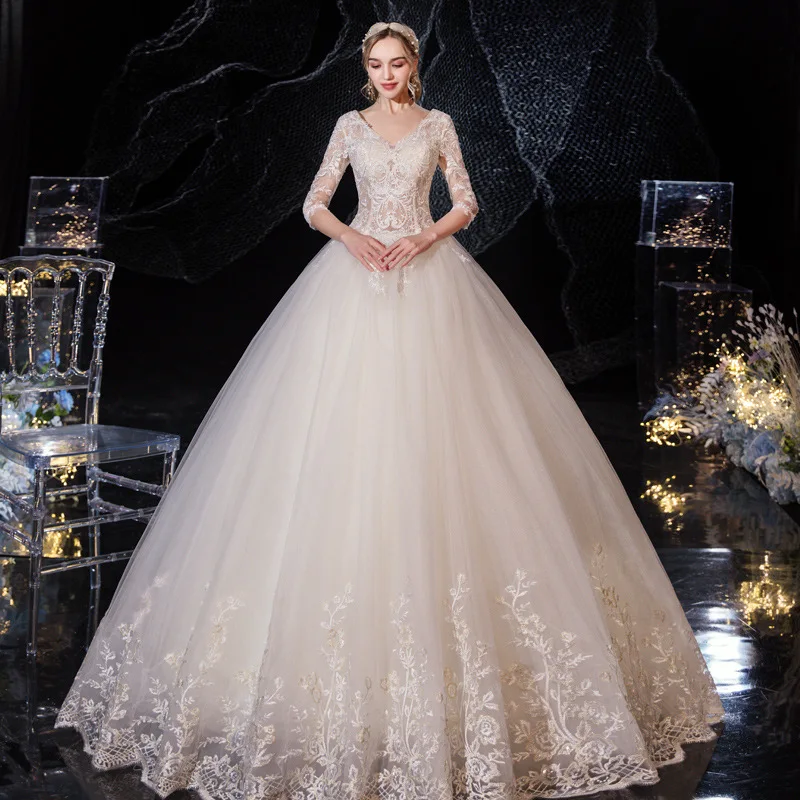 Sexy Ball Gown V-Neck Organza Champagne Wedding Dresses Floor-Length Half Sleeves Illusion Lace-up Lace Married Apparel
Sexy Ball Gown V-Neck Organza Champagne Wedding Dresses Floor-Length Half Sleeves Illusion Lace-up Lace Married Apparel