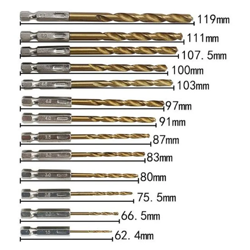 13pcs hexagonal shank twist drill bit high speed steel electric drill perforating wood plastic titanium plated twist drill set
13pcs hexagonal shank twist drill bit high speed steel electric drill perforating wood plastic titanium plated twist drill set