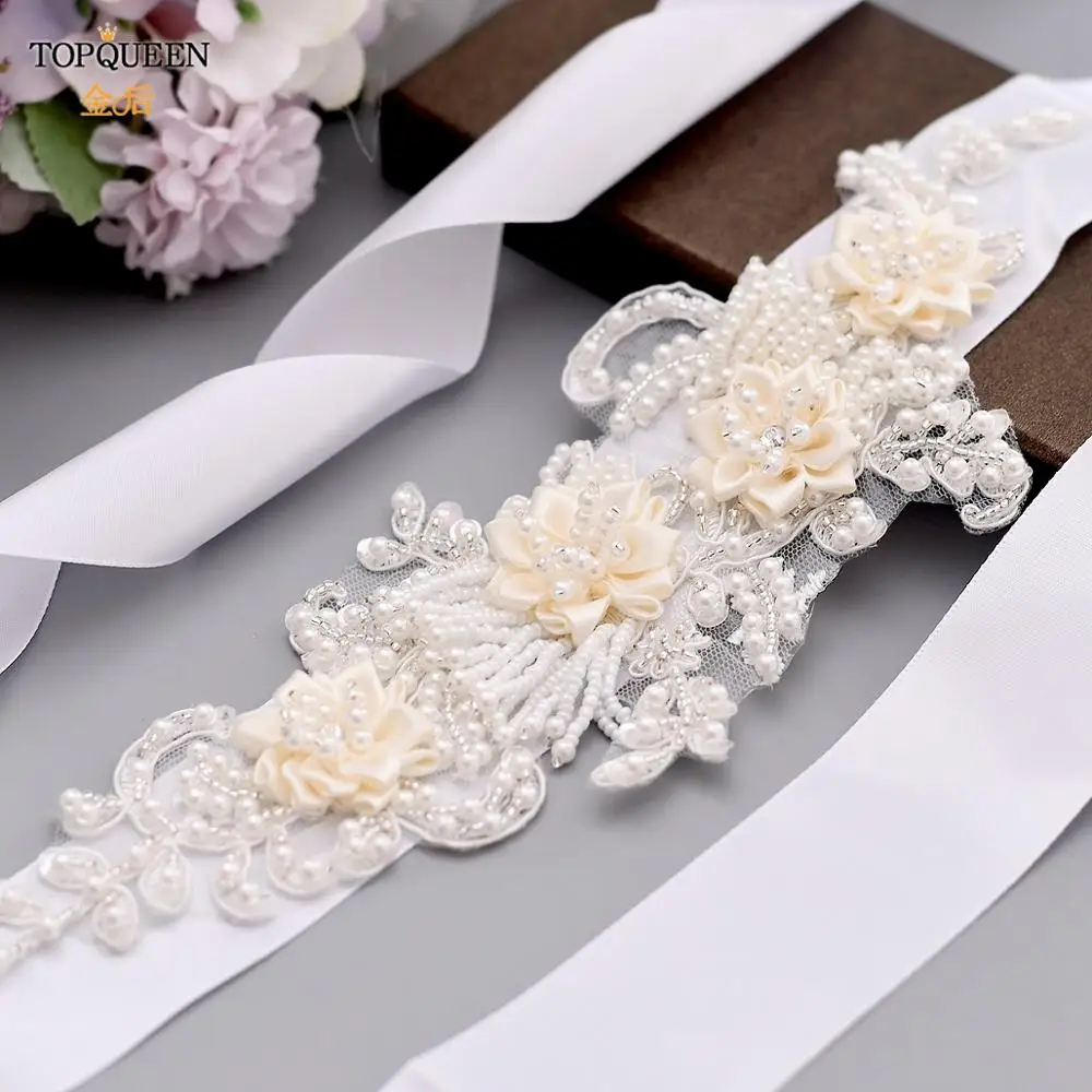 

TOPQUEEN Luxury Bridal Belt for Brides White Flower Maternity Sash Bride Accessory Pearl Belts for Women Bride Sash Ivory S346