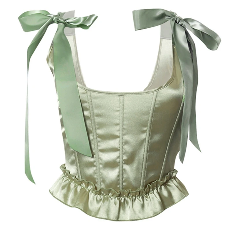 

Women Silky Satin Tie Up Bow Strap Crop Top Ruffles Solid Color Boned Corset Camisole Criss Cross Lace-Up Body Shaper
