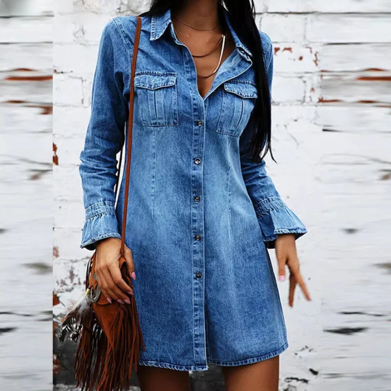 Denim Dress Women Fall 2021 Long Sleeve Turn-Down Collar Vintage Loose Button Pocket Casual A-Line Dress Femme Streetwear
Denim Dress Women Fall 2021 Long Sleeve Turn-Down Collar Vintage Loose Button Pocket Casual A-Line Dress Femme Streetwear