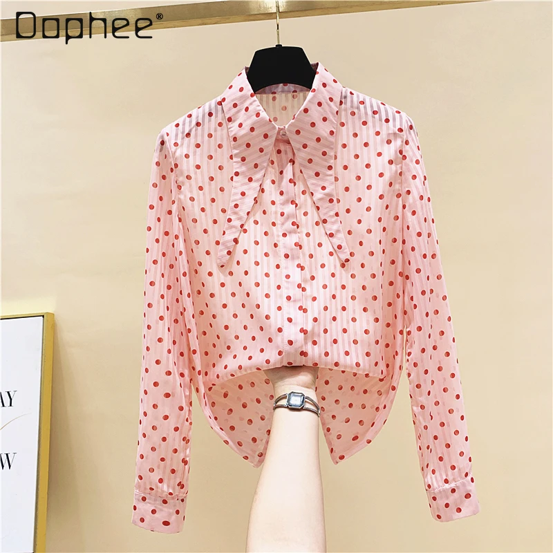 

2021 Spring New Korean Style Polka Dots Doll Collar Chiffon Long-Sleeved Shirt Blouse Loose Youthful-Looking Western Style Shirt
