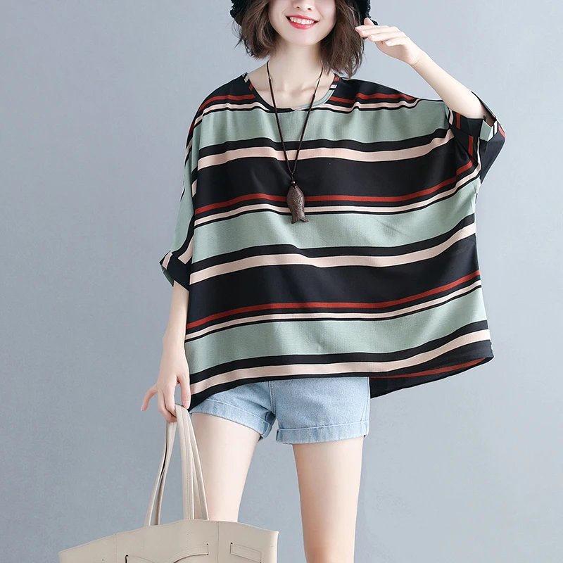 Summer Chiffon Stripe Plus Size Blouses For Women Loose Casual Round Neck Bat Sleeves Simple Korean Style Shirts Female 5XL Z286
Summer Chiffon Stripe Plus Size Blouses For Women Loose Casual Round Neck Bat Sleeves Simple Korean Style Shirts Female 5XL Z286
