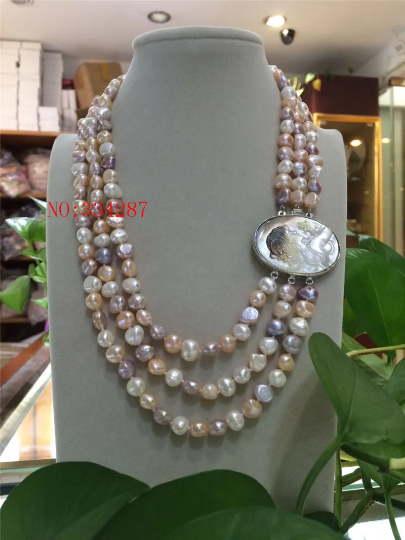 

Lady's New Baroque 19" 3row 8-9mm Pink grey white multicolor color pearls necklace seashell clasp