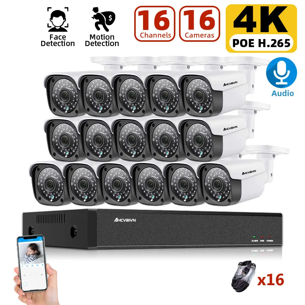 

Комплект наружного видеонаблюдения H.265 AI, Инфракрасная IP-камера безопасности, 16 каналов, 8 Мп, 4K, HD, POE, NVR, P2P, жесткий диск 4 ТБ