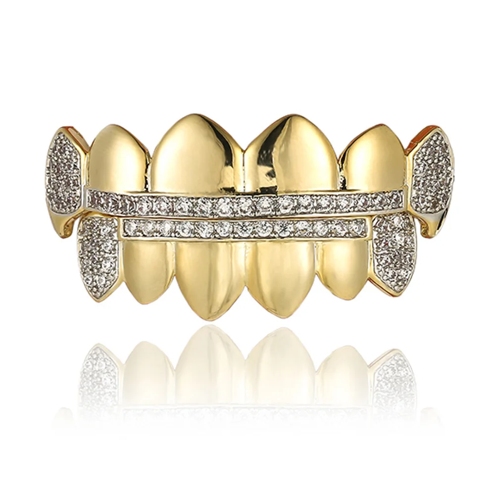 18k Gold Silver Color Punk Iced Out Hip Hop Teeth Grillz Micro Pave Cubic Zircon Top Bottom Vampire Teeth Set Men Jewelry Gifts
18k Gold Silver Color Punk Iced Out Hip Hop Teeth Grillz Micro Pave Cubic Zircon Top Bottom Vampire Teeth Set Men Jewelry Gifts