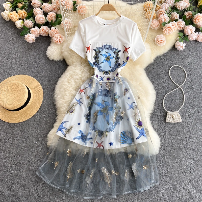 Summer New Cartoon Printed Star Feather Embroidery Dress Casual Cute Women Long Mesh Gauze Dresses Fake Two Piece Shirt Vestidos
Summer New Cartoon Printed Star Feather Embroidery Dress Casual Cute Women Long Mesh Gauze Dresses Fake Two Piece Shirt Vestidos