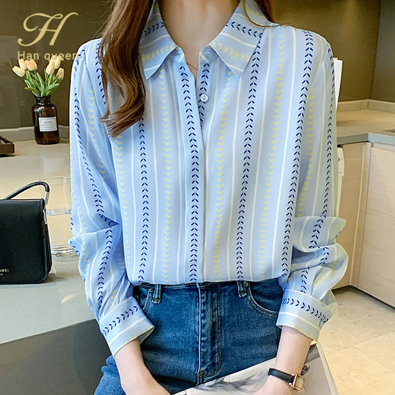 

Женская шифоновая рубашка в полоску H Han Queen, винтажная Повседневная Блузка для работы, свободная деловая рубашка с длинным рукавом
